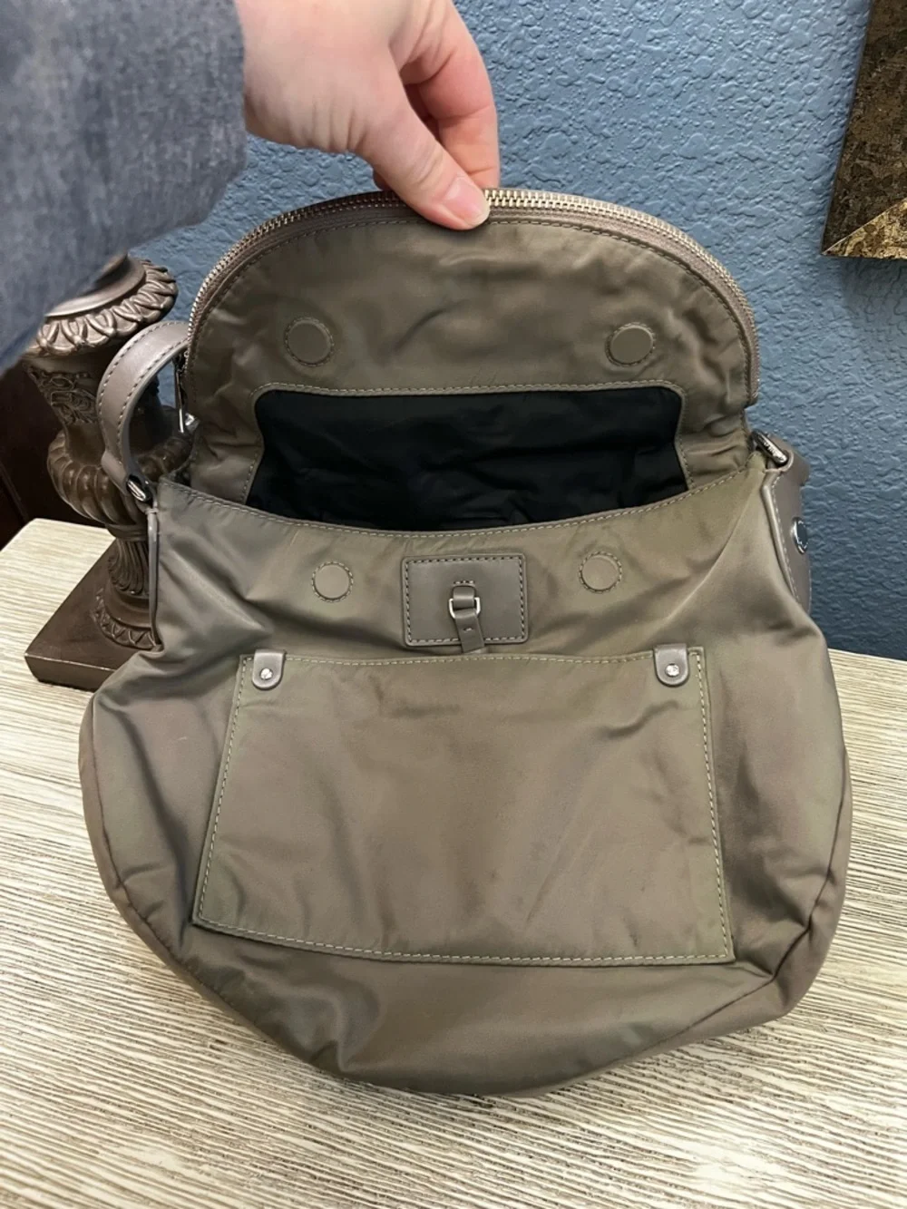 Marc Jacobs Olive Nylon Messenger Bag with Taupe Leather Trim